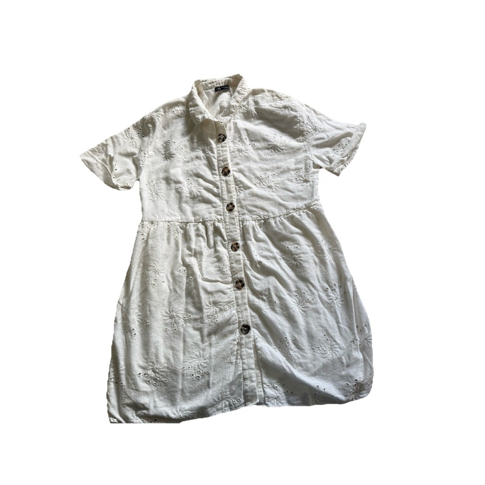 Zara White Embroidered Eyelet Button Front Mini Dress Size XL
